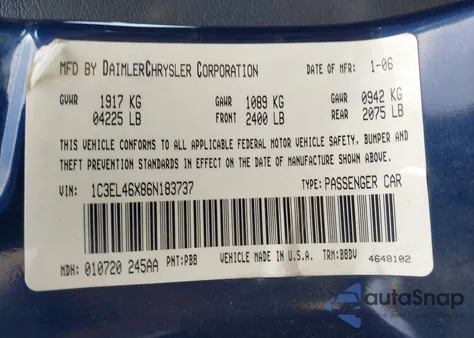 2006 Chrysler Sebring z USA, uszkodzony, nr VIN 1C3EL46X86N183737